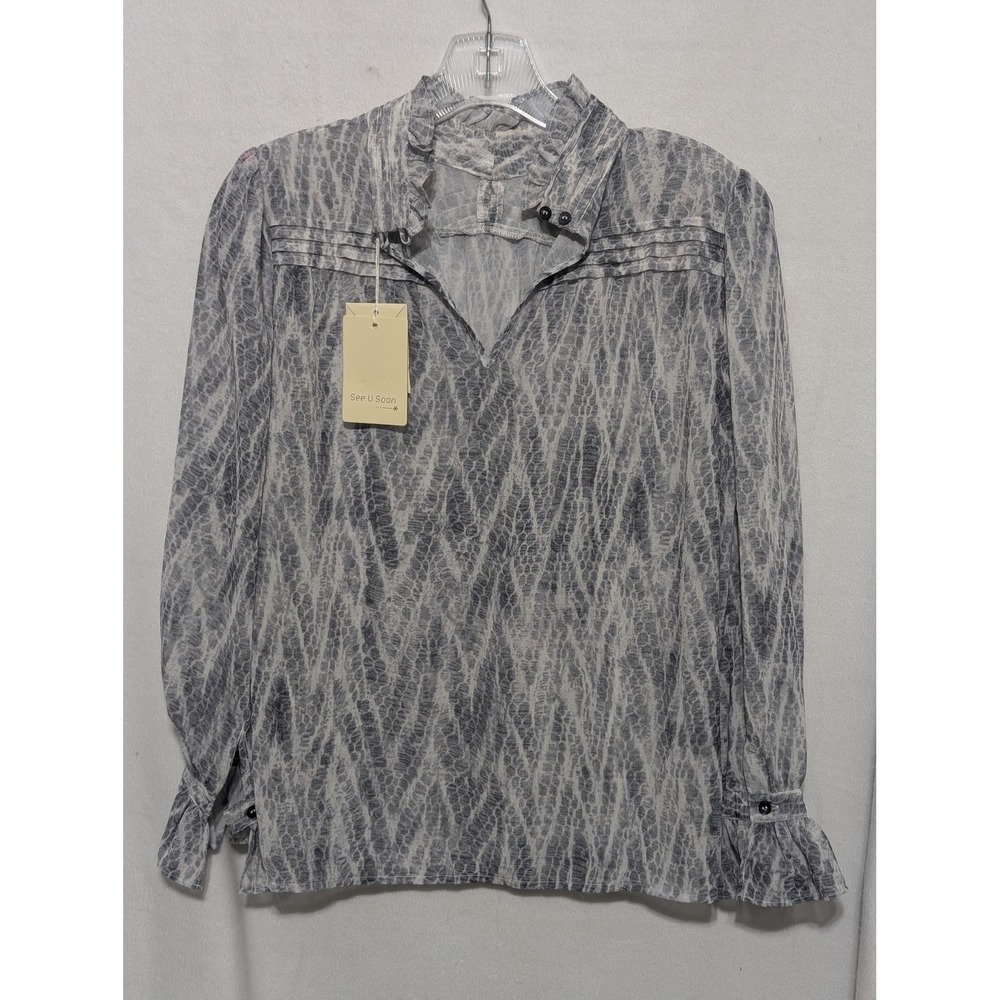 See U Soon Grey Abstract Animal Print Ruffle Neck Blouse XS NWT